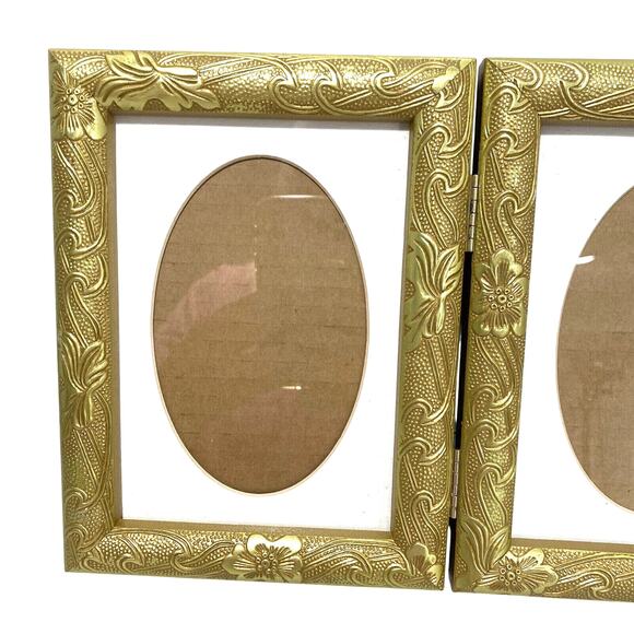 Gold Frame Double Photo Holder Textured Embossed Finish Art Deco Cottage Chic - Picture 6 of 8